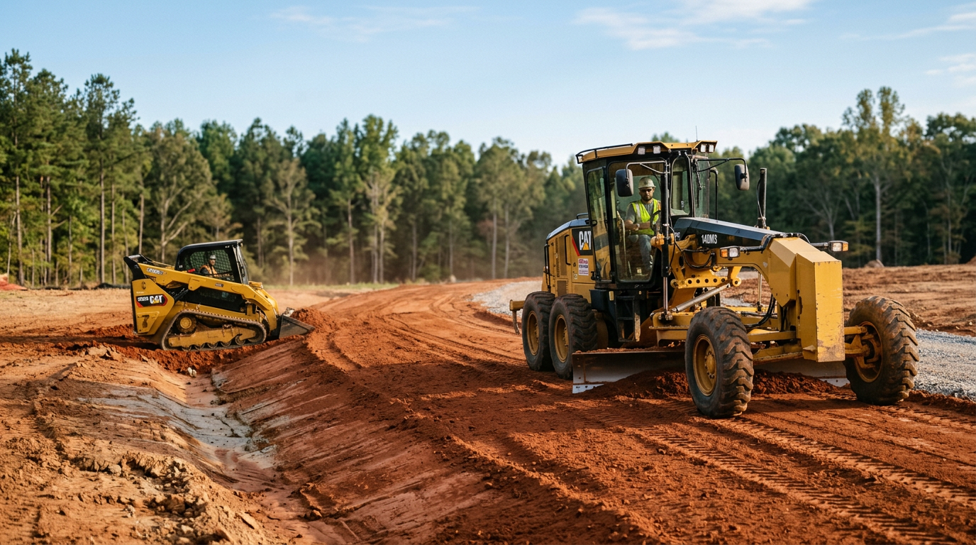 Grading equipment leveling and sloping soil on a cleared construction site to direct water toward a drainage swale.