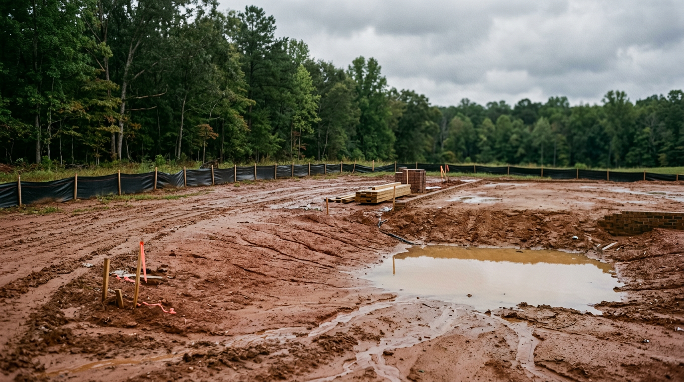 Standing water and shallow erosion rills on a partially graded residential lot after rain.